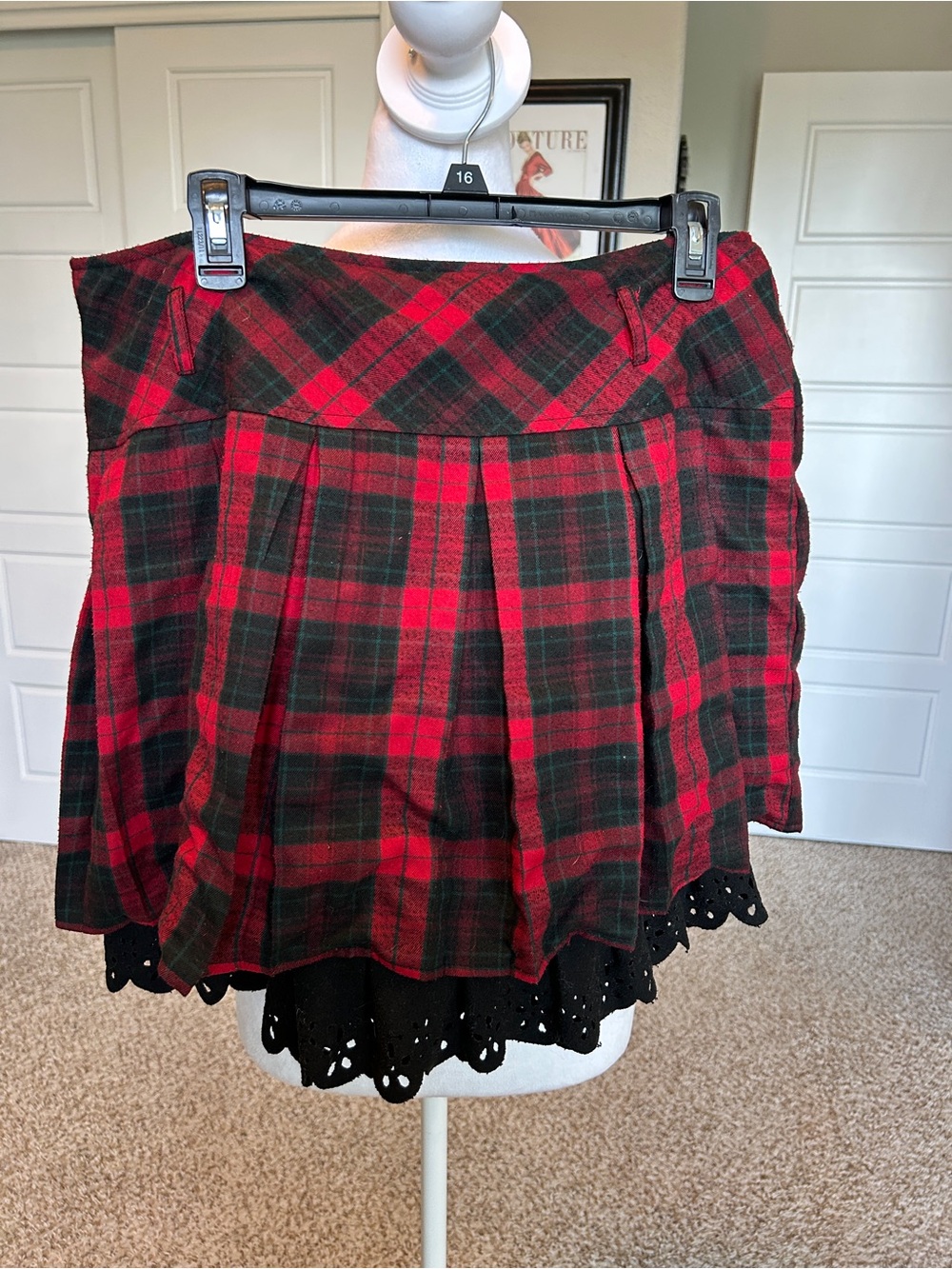 ChouYatou Buffalo Plaid Schoolgirl Mini Skirt w Black Lace Slip Wool | XL - Picture 4 of 8
